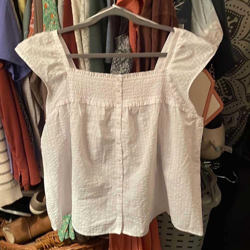 Flutter-Sleeve Smocked Seersucker Swing Blouse for Women